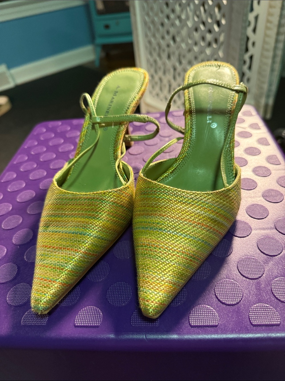 A. Marinelli Yellow-Green Woven Pointed-Toe Slingback Heels